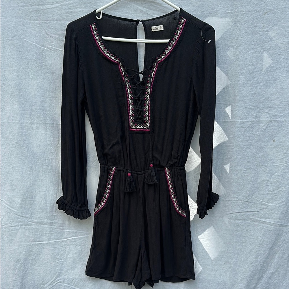 Hollister Black Shorts Romper with Pink Embroidery